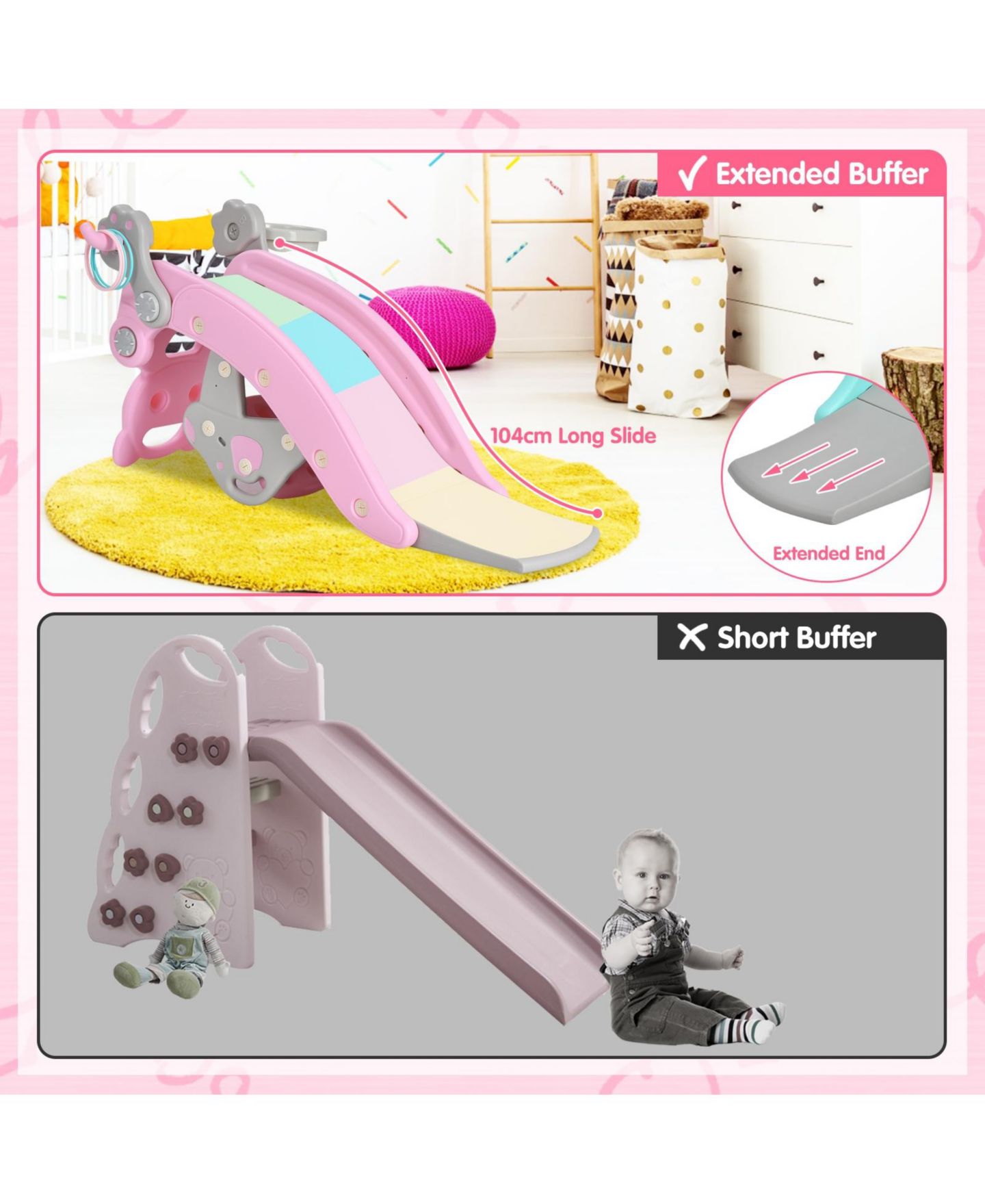 Детский игровой набор Mecale 4-in-1 Toddler Slide and Rocking Horse Playset with Basketball Hoop, Ages 1-5, цвет: Розовый — фото 7
