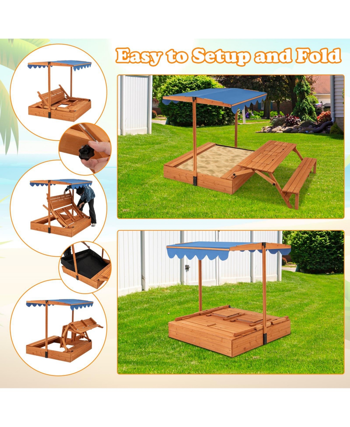Kids Wooden Sand Box with Foldable Picnic Sensory Table and Bench