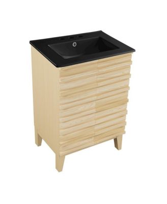 Cascade 24 in. Natural Oak Bathroom Vanity With Black, 3-Hole Ceramic Sink Top