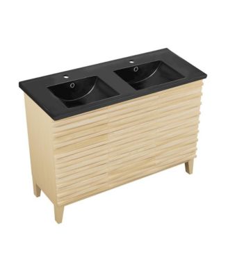 48 in. Natural Oak, Double Basin Bathroom Vanity With Black Ceramic Sink Top