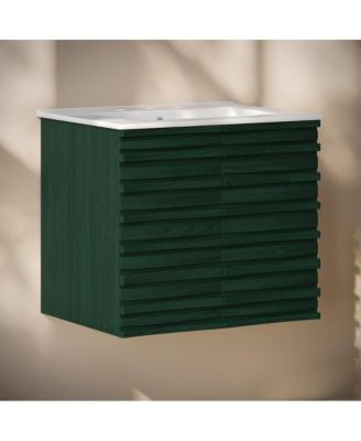 24" Wall-Mounted Bathroom Vanity in Green Oak with 3-Hole Widespread Sink Top