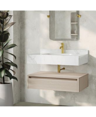 Avancer Wood 36" Wall-Mounted Bathroom Vanity with White Marble Sink Top