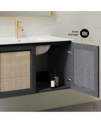 36" Wall-Mounted Bathroom Vanity in Black Oak with Single Faucet Hole Vanity Top