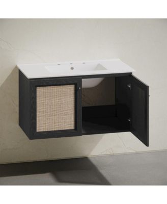 36" Black Oak Ceramic Scratch-Resistant Soft-Close Doors & Widespread Faucet Sink Top Wall-Mount Bathroom Vanity