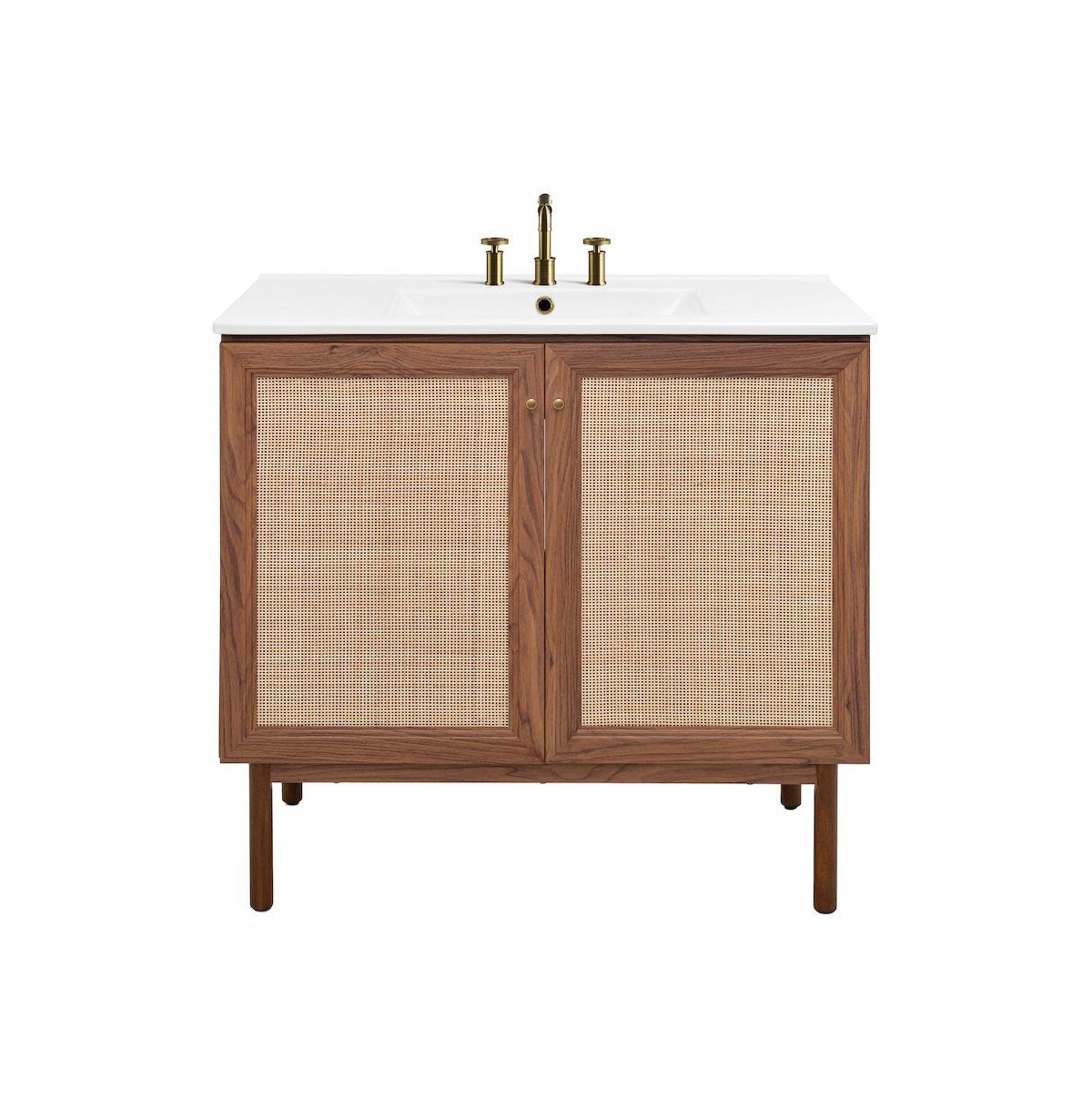 Swiss Madison 36" Freestanding Bathroom Vanity in Brown Oak with 3-Hole Widespread Sink Top