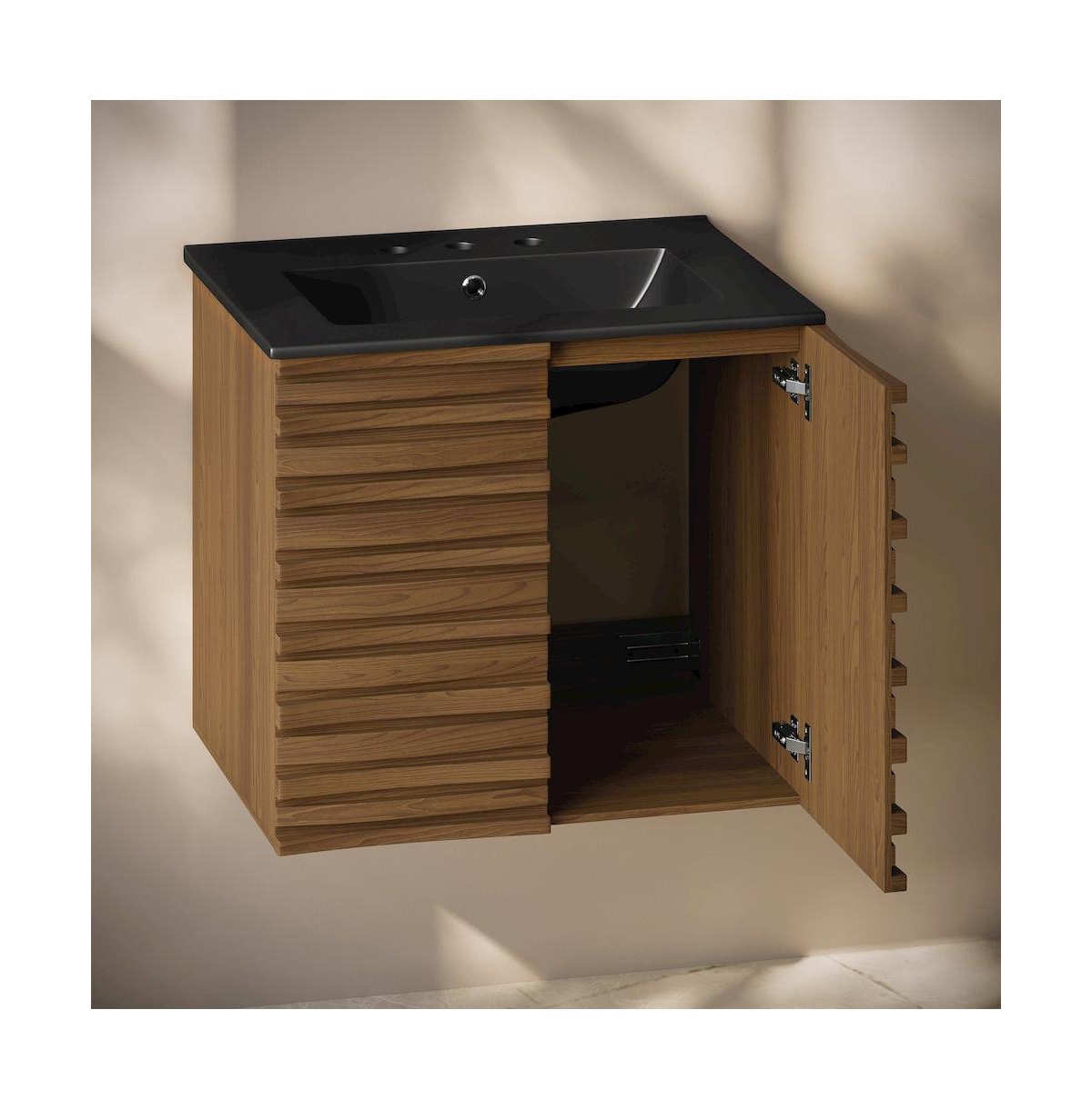Swiss Madison24" Wall-Mounted Bathroom Vanity in Brown Oak, Black 3-Hole Widespread Sink Top
