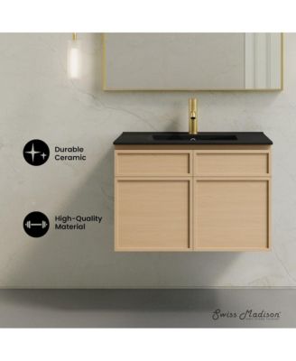 St. Tropez 30" Wall-Mounted Bathroom Vanity in Natural Oak with Black Sink Top