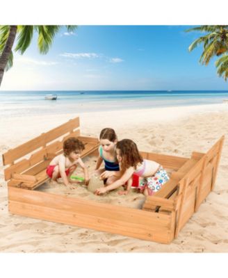 Kids Wooden Sandbox with 2 Foldable Bench Seats