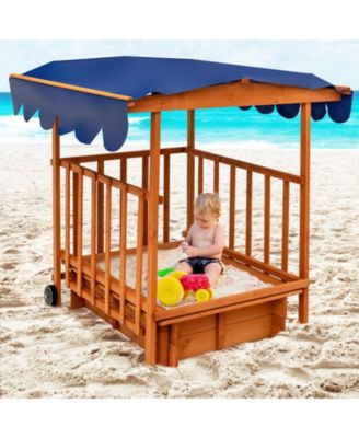 Kids Outdoor Wooden Retractable Sandbox with Cover and Built-in Wheels