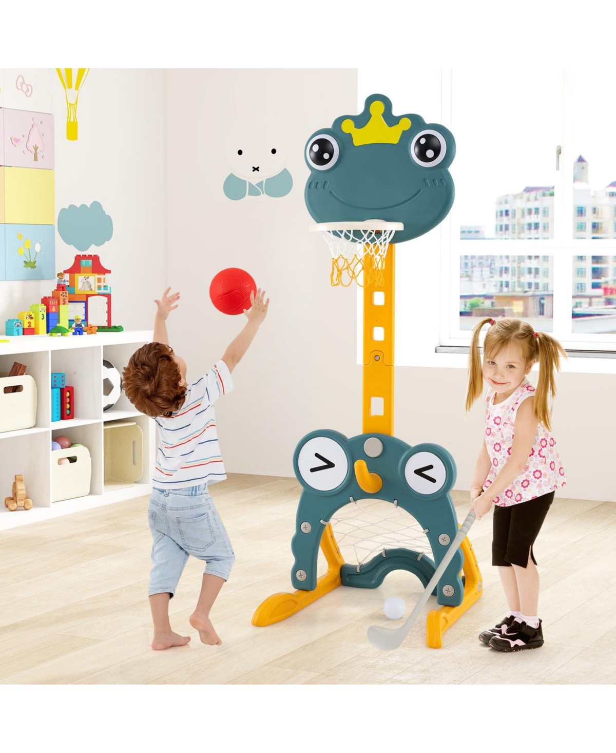 4-in-1 Toddler Basketball Hoop with Rim and Soccer Goal for 3+ Kids