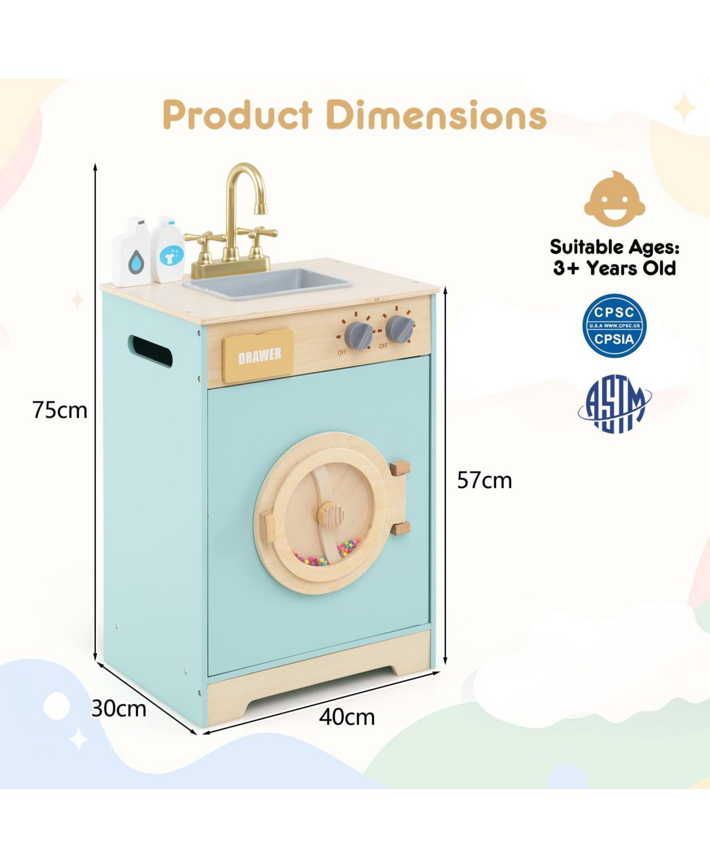 Детский игровой набор Mecale Wooden Washing Machine Playset with Realistic Sounds, 3-Piece, Ages 3+, цвет: Синий — фото 3