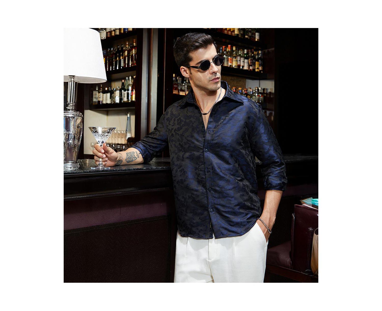 Men's Navy Blue Abstract-Woven Shirt