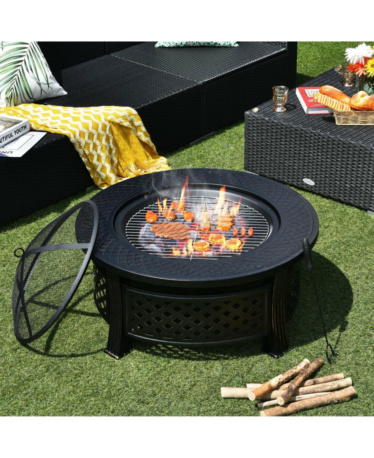 Outdoor Fire Pit with Bbq Grill and High-temp Resistance Finish
