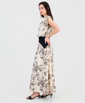 Women's V-Neck Blouson Dropped-Waist Maxi Dress