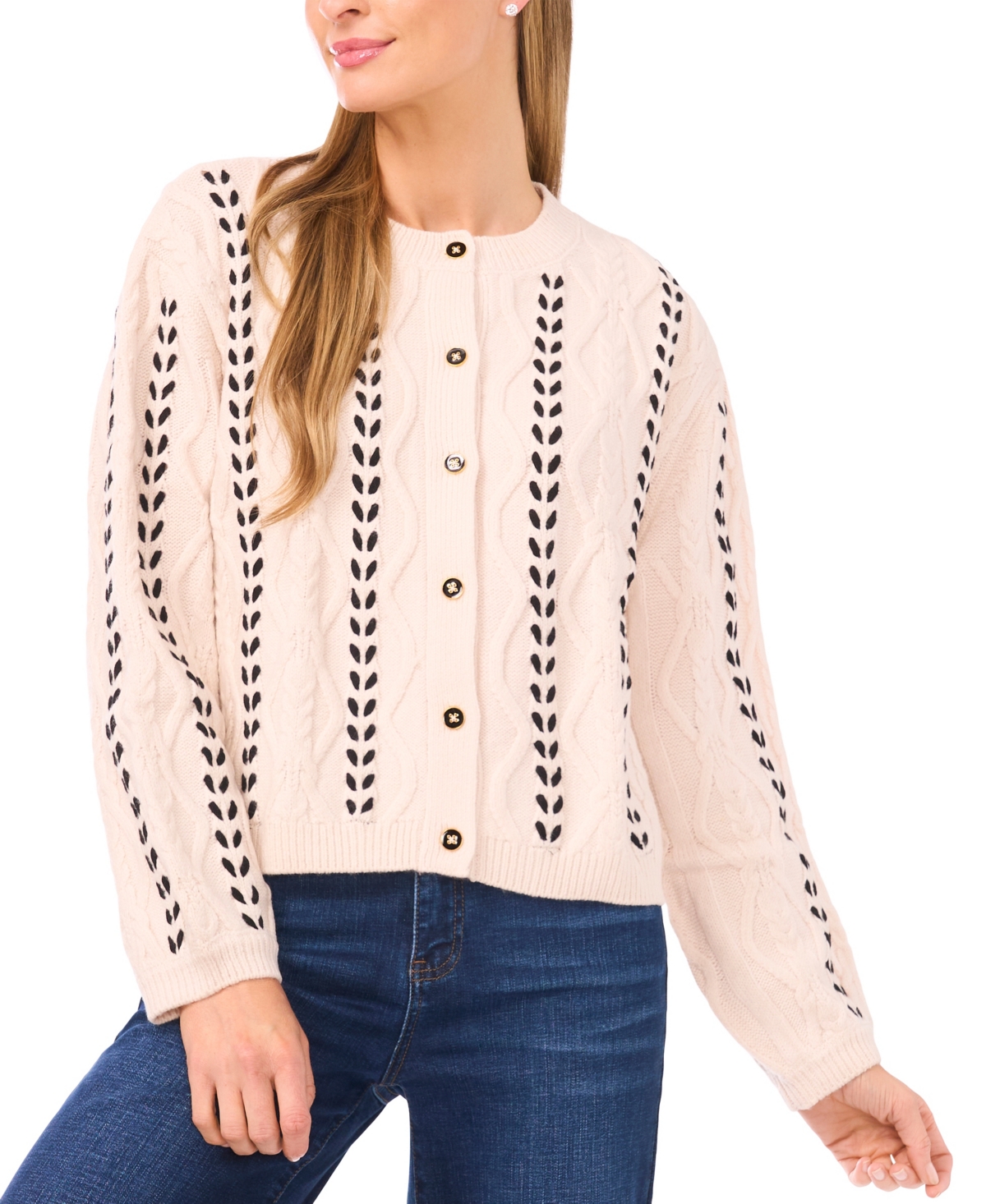 CeCe Women's Crewneck Cable Knit Cardigan Sweater
