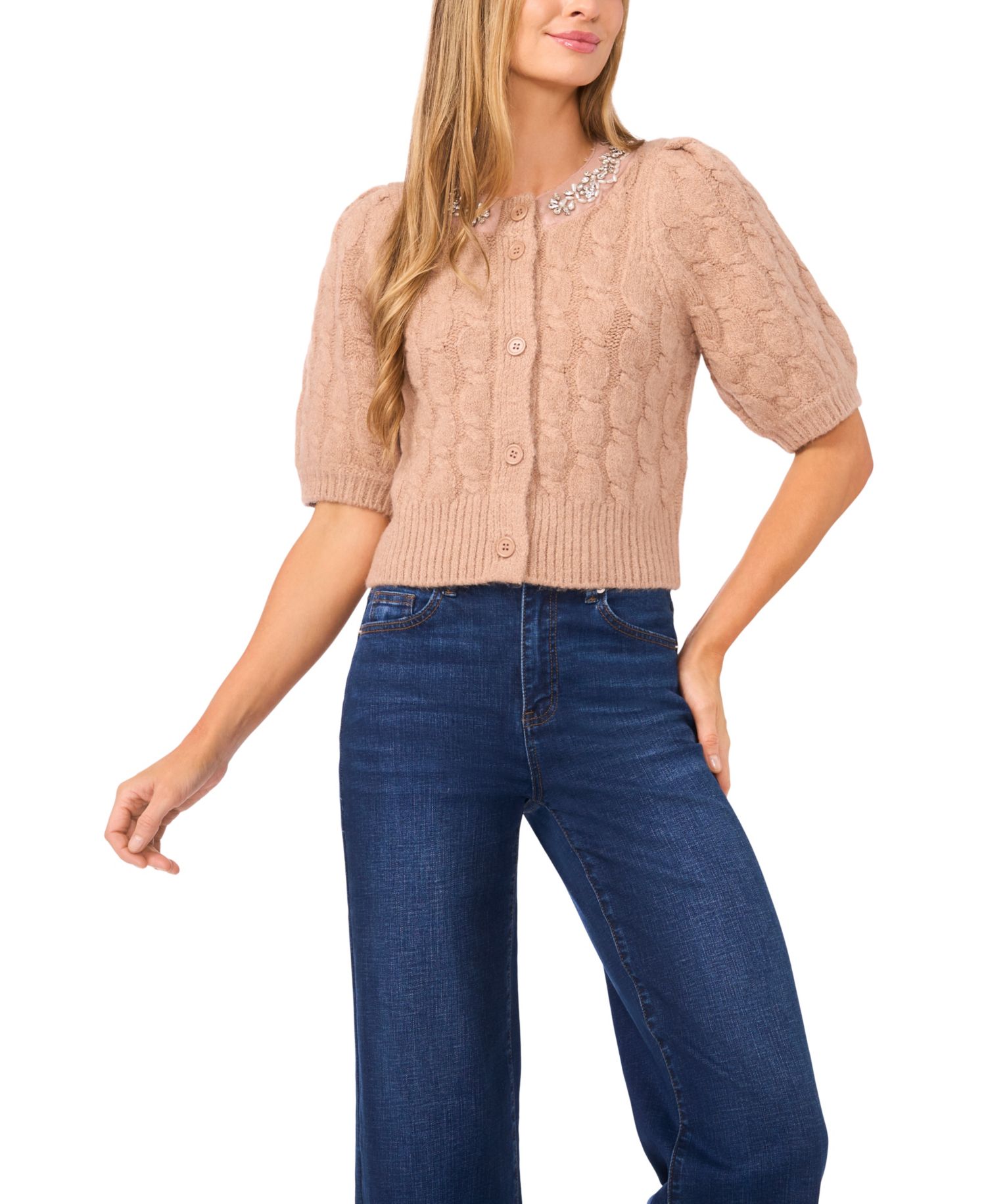 Women's Short-Sleeve Rhinestone Cardigan Sweater