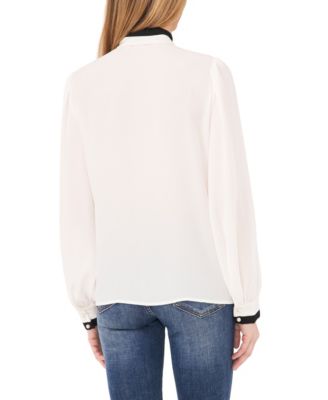Women's Long-Sleeve with Split Contrast Neck Tie Top