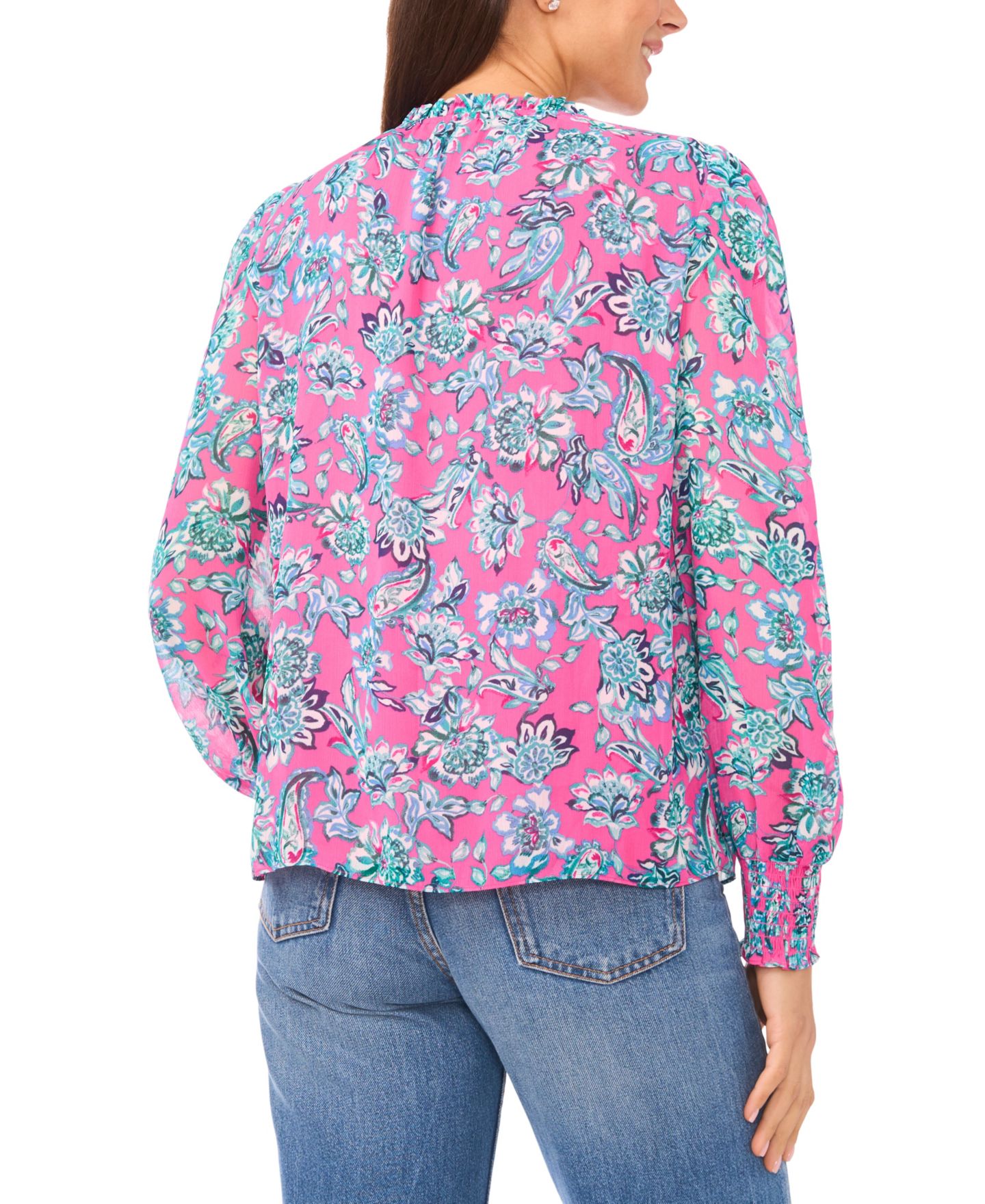 Женская блузка CeCe Smocked Cuff Ruffle Long-Sleeve, цвет: Розовый — фото 3