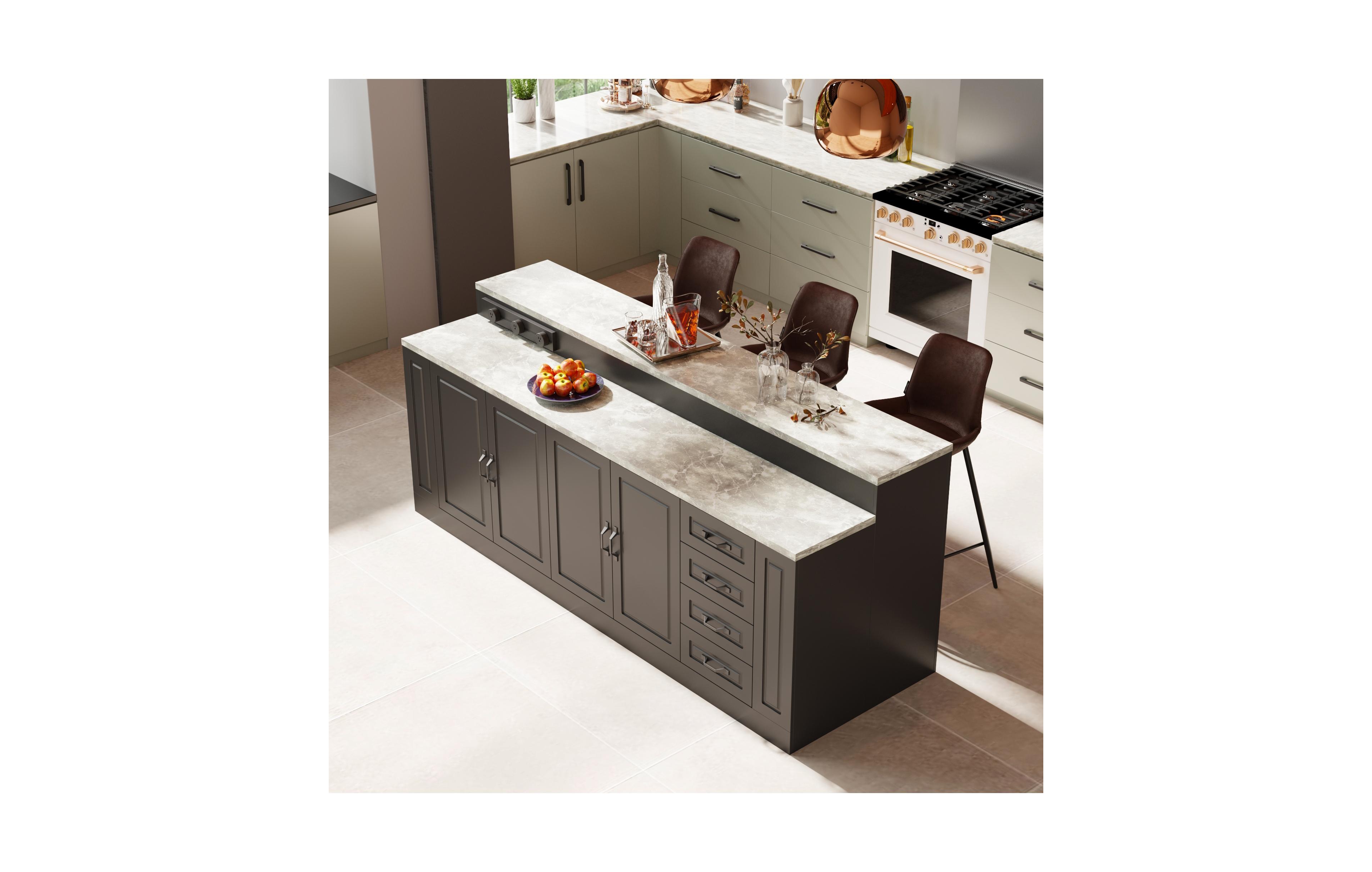 Kitchen island with 4 drawers, 4 doors, sockets, kitchen island storage table with dining table, coffee station and microwave rack for home, dining ro