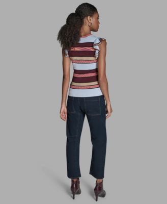 Women's Stripe Flutter-Sleeve Crewneck Sweater