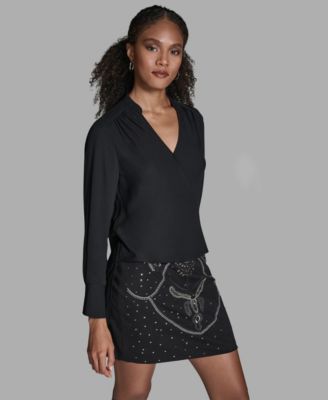 Women's Long-Sleeve Hi-Low Faux-Wrap Top