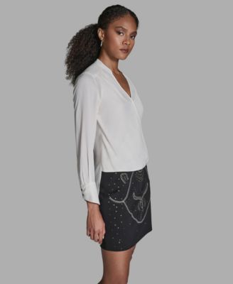 Women's Long-Sleeve Hi-Low Faux-Wrap Top