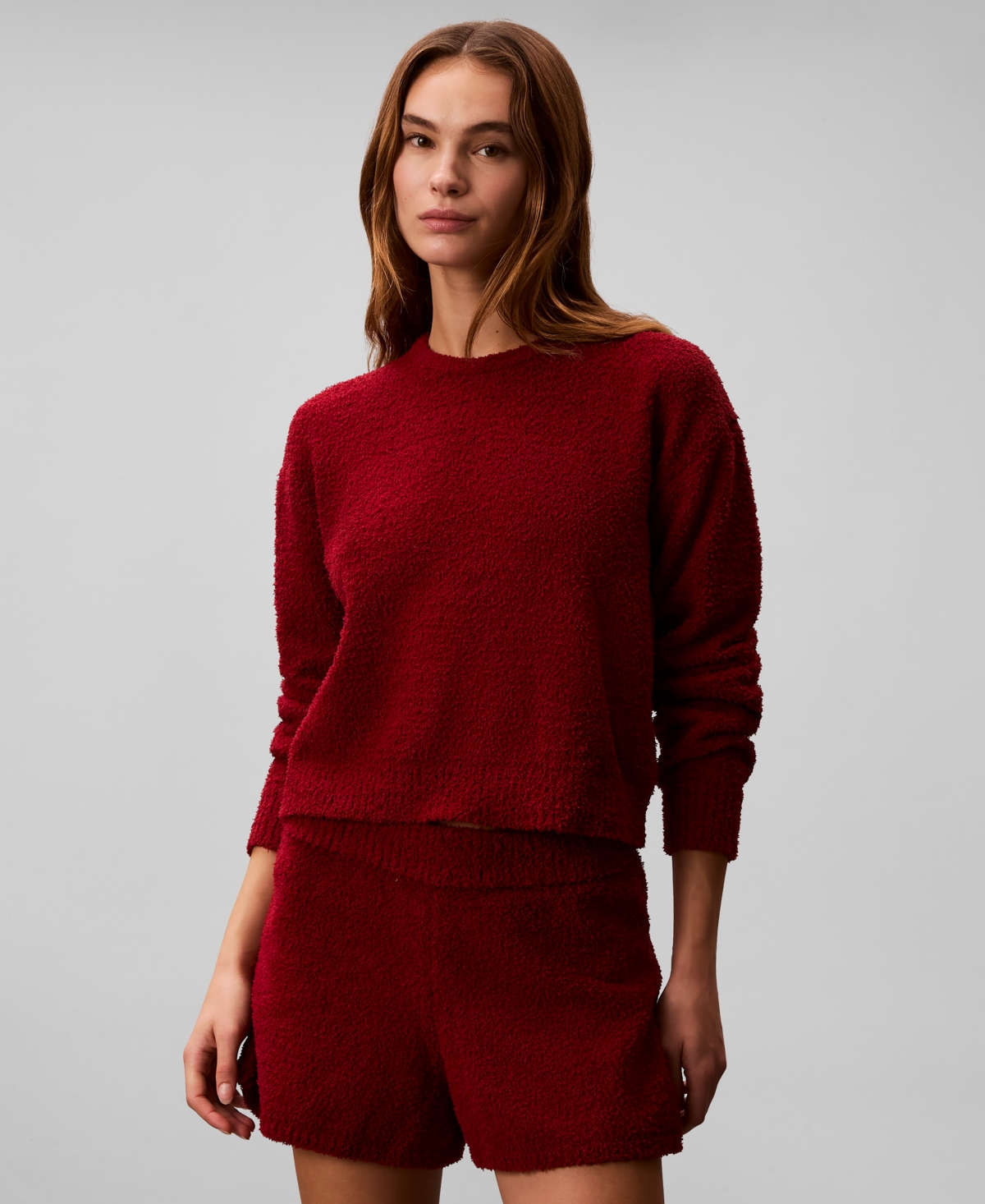 Calvin Klein Women's Cropped Plush Lounge Sweatshirt In Red