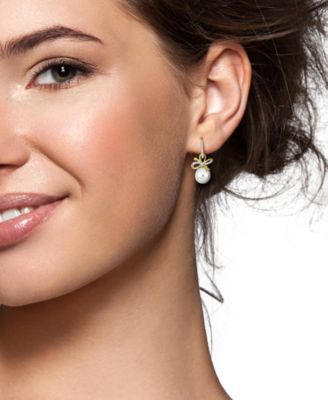 Cultured Freshwater Pearl (9-10mm) & White Sapphire Bow Drop Earrings (3/8 ct. t.w.) in 18k Gold Flash Plated Sterling Silver