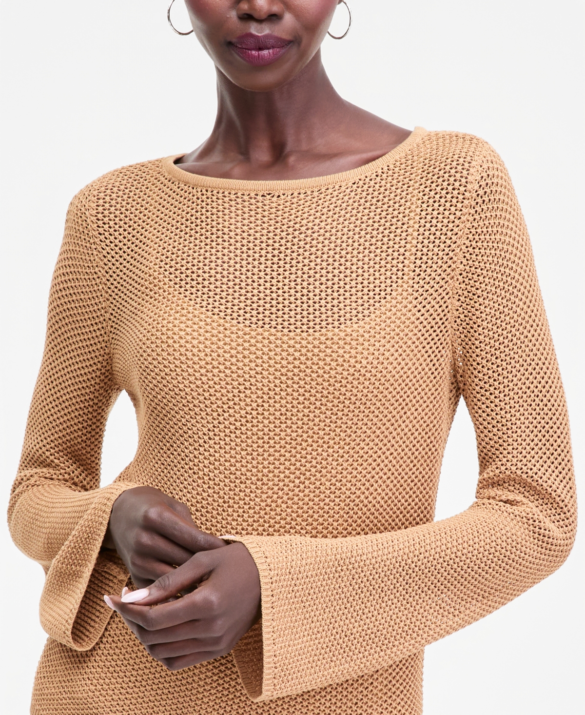 Inc International Concepts Women's Long Sleeve Open-knit Overlay Sweater, Macy's Exclusive In Brown