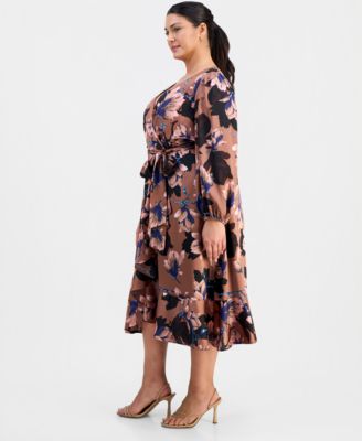 Plus Size Floral Print Faux-Wrap Midi Dress
