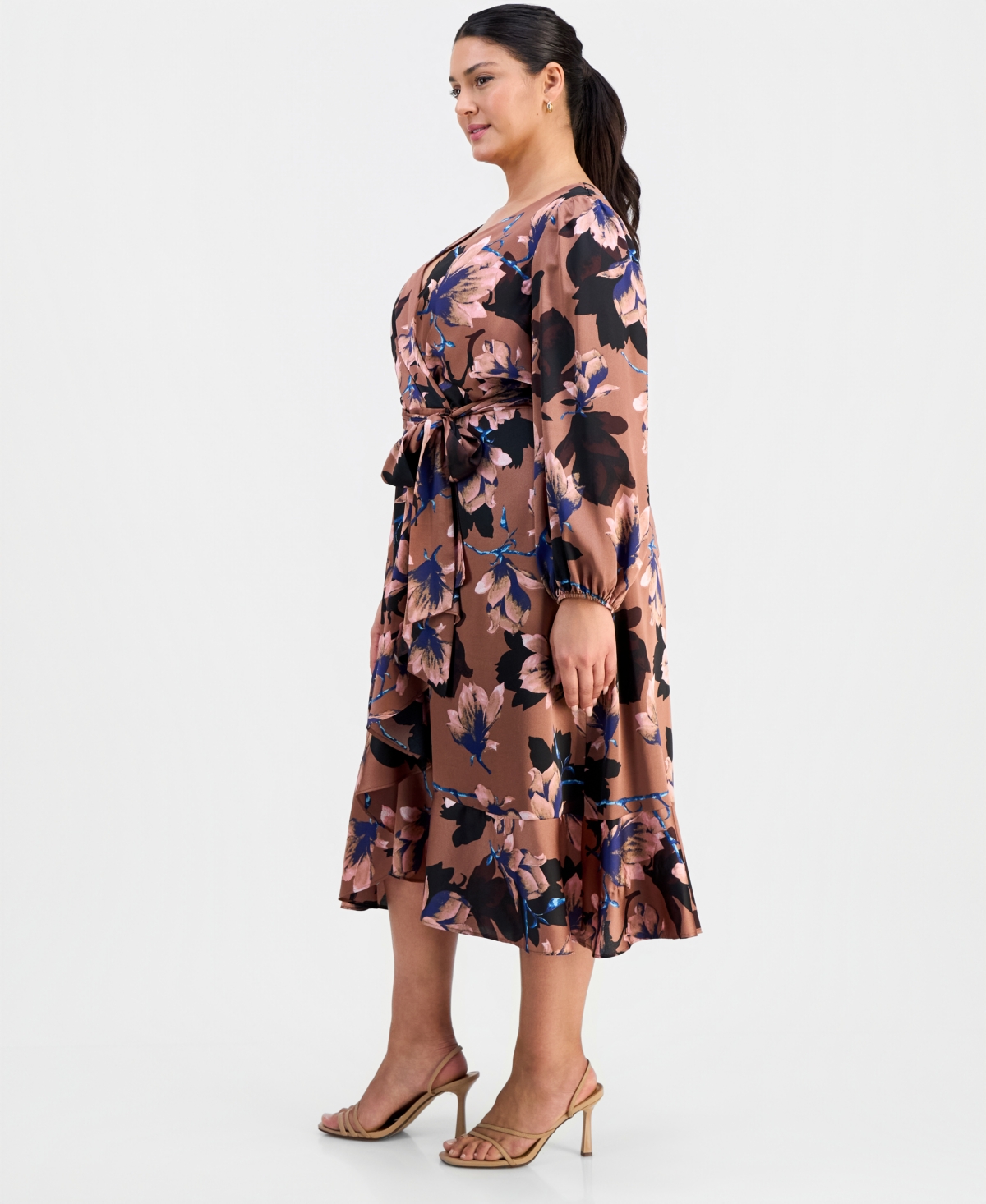 Tahari Asl Plus Floral Print Faux-Wrap Midi Dress