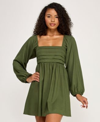 City Studios - Women's Pleated Tie Back Long-Sleeve Baby Doll Dress