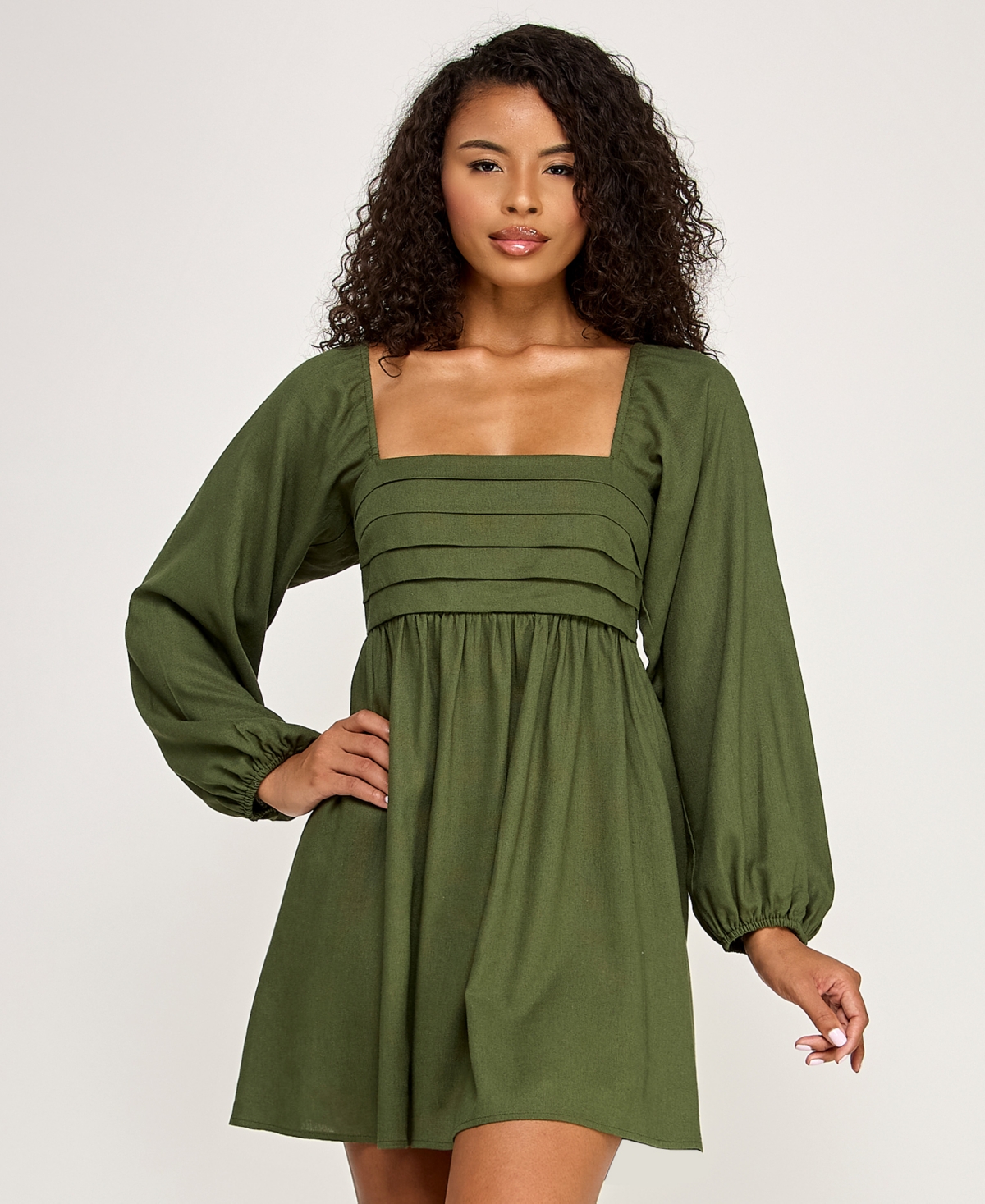 City Studios Women's Pleated Tie Back Long-Sleeve Baby Doll Dress