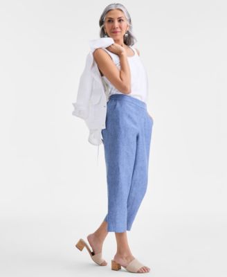 Women's 100% Linen Solid Cropped Pull-On Pants, Created for Macy's
