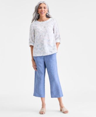 Women's Linen Sketched Floral 3/4-Sleeve Top, Macy's Exclusive