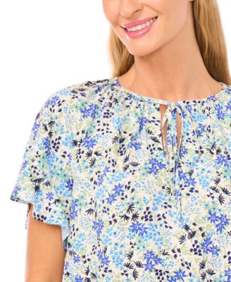 Women's Shirred Short-Sleeve Front Keyhole Top