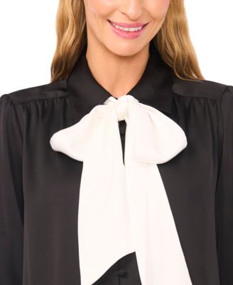 Women's Long-Sleeve Button Down Shirred Collared Top with Bow
