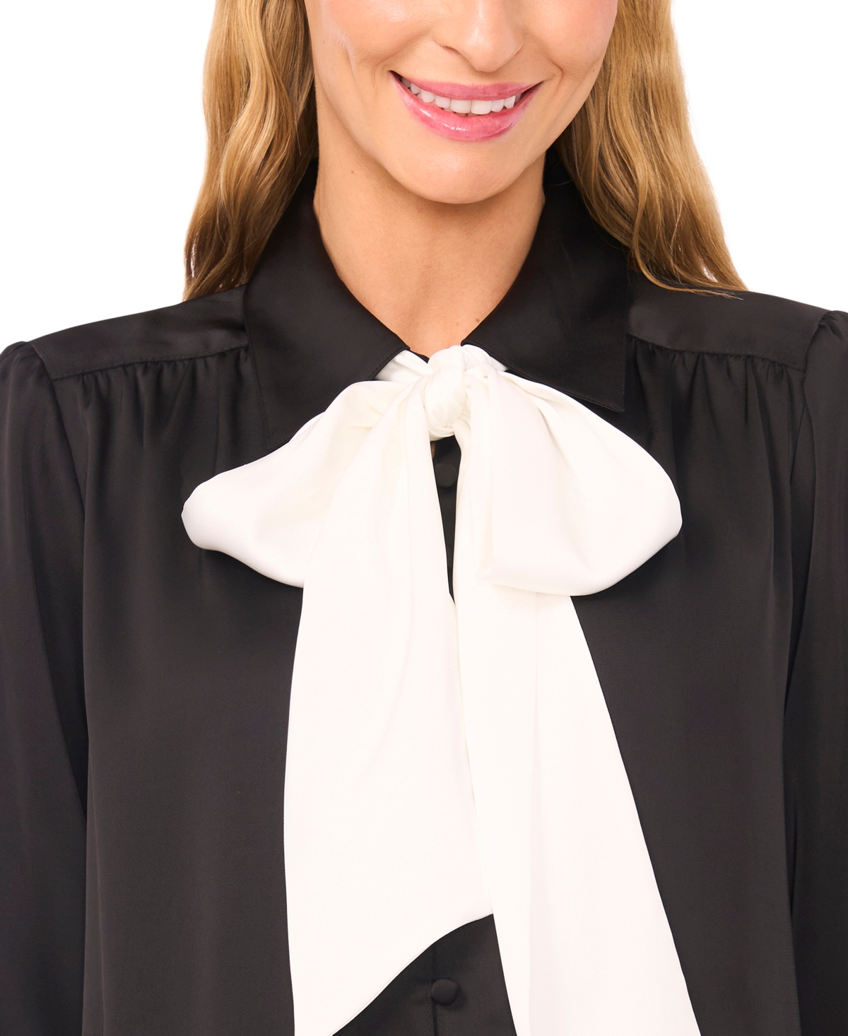 CeCe Women's Long-Sleeve Button Down Shirred Collared Top with Bow