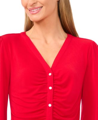 Women's V-Neck Long-Sleeve Shirred Knit Top