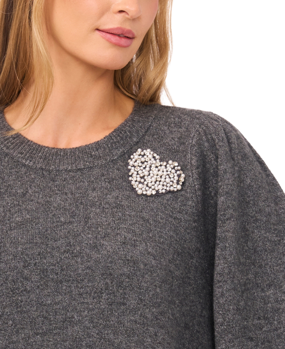 Cece Faux Pearl Heart Embellished Crewneck Sweater In Gray