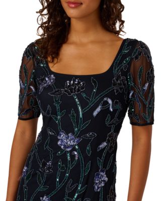 Women's Square-Neck Beaded Mesh Gown