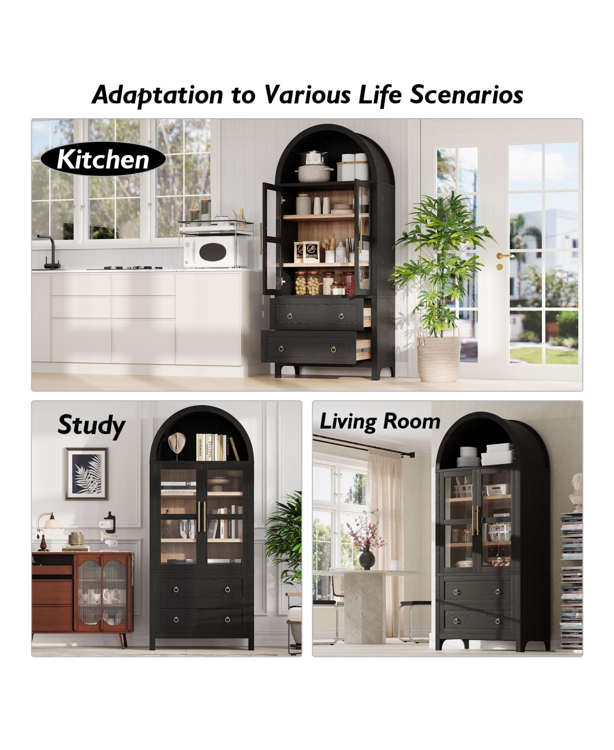 Casainc 71" Tall Arched Kitchen Pantry Cabinet with Glass Doors, Adjustable Shelves & 2 Large Drawers