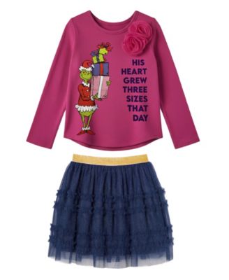 Disney - Girls 2T-6X 2-Piece Grinch Long-Sleeve Top and Mesh Skirt Set