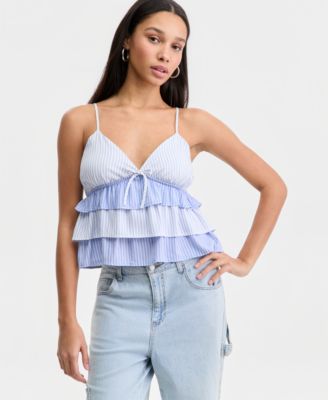 Juniors' Striped Ruffled Sleeveless Top