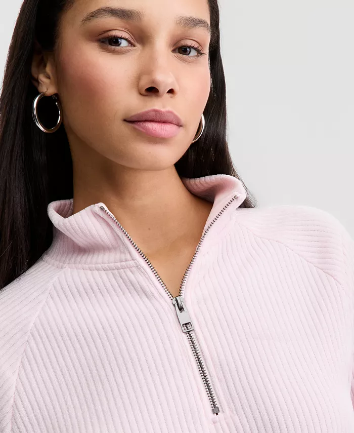 Juniors' Ribbed Knit Quarter-Zip Sweatshirt - thumbnail 4