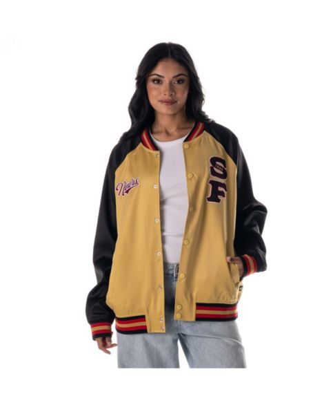 Женские куртки The Wild Collective Women's Gold San Francisco 49ers Oversized Satin Raglan Full-Snap Bomber Jacket