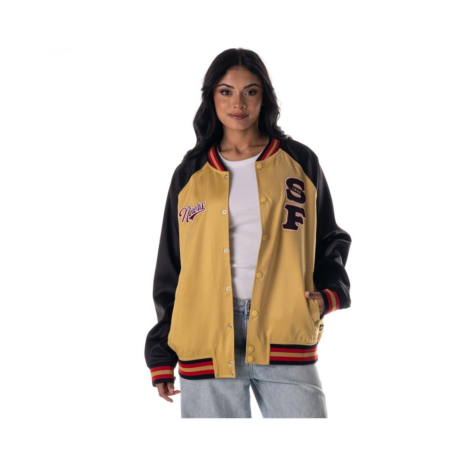 Women's Gold San Francisco 49ers Oversized Satin Raglan Full-Snap Bomber Jacket