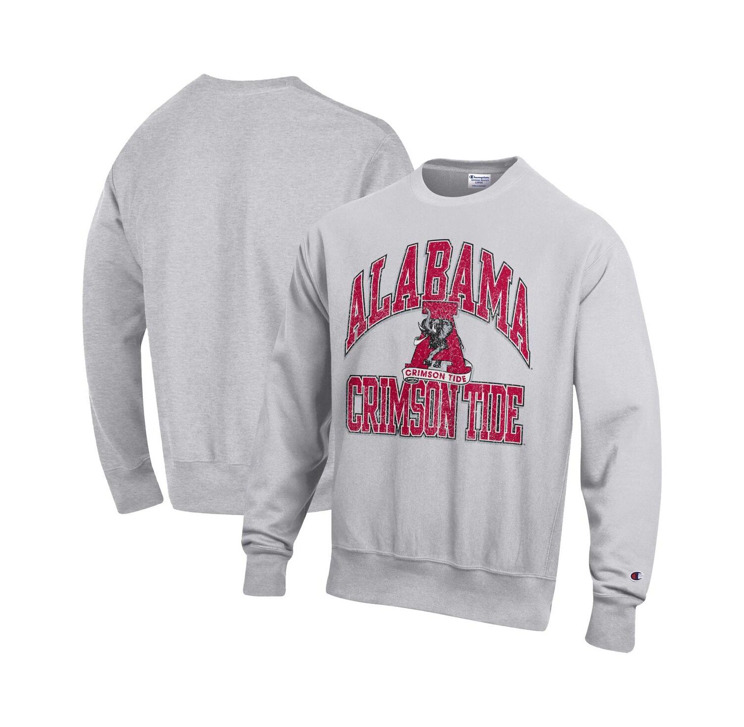 Men's Gray Alabama Crimson Tide Distressed Arch Over Logo Reverse Weave Crew Neck Sweatshirt