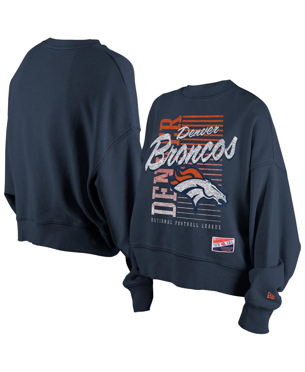 New Era Women's Navy Denver Broncos Oversized Throwback Mineral Wash Crew Neck Sweatshirt In Blue