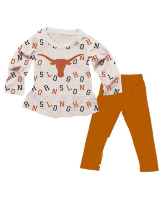 Wes & Willy - Girls Toddler 2-Piece Oatmeal Texas Longhorns Ruffle Raglan Long Sleeve T-Shirt and Leggings Set
